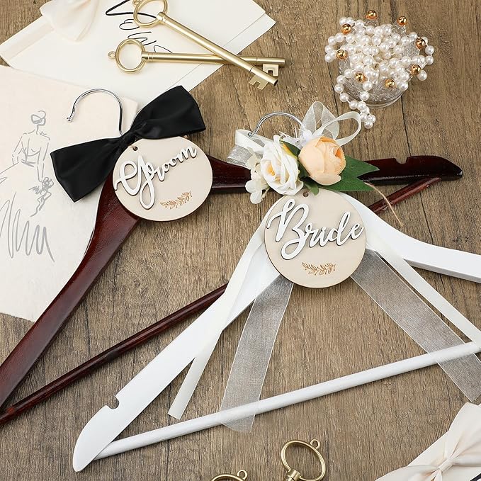 2 Pack Bride and Groom Wedding Hanger Set with Ribbon Bow Wooden Dress Suit Hanger Gift for Wedding Bridal Party Photo Decor(Brown, White,Flower)