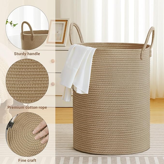 Tall Laundry Basket with Handles, 100L Portable Dirty Clothes Hamper, Boho Cotton Rope Storage Bin for Blankets Kids Toys Gifts, Extra Large Organizer for Baby Nursery Bedroom Bathroom, Jute