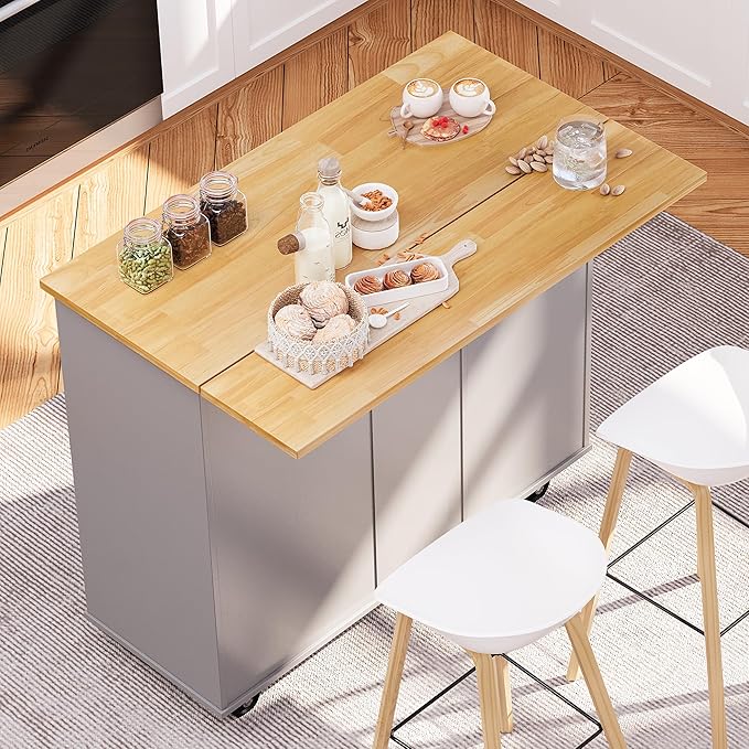SUNLEI Kitchen Island on Wheels with Storage Cabinet & Foldable Drop Leaf, Rolling Kitchen Table, Cart Handle for Towel Rack, Drop Leaf, Portable Islands for Kitchen (Cement Gray, 39.7-INCH)