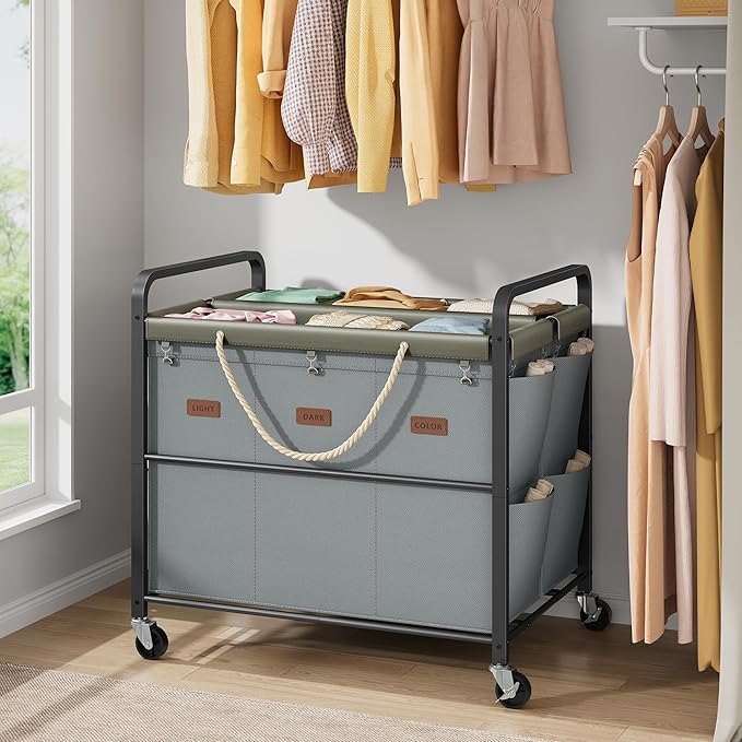 Tajsoon 295L Extra Large Laundry Cart 6 Section, Heavy Duty Laundry Sorter with Lockable Wheels, Laundry Basket with Sturdy Metal Frame, Leather Patchwork Laundry Separated with Removable Bags, Grey