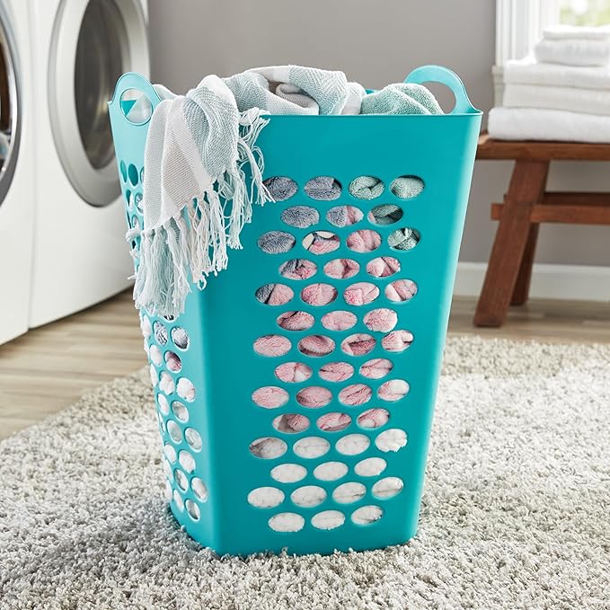 (2 Pack) 2 Bushel Square Laundry Hamper, Teal Lightweight Plastic Tall Laundry Basket with Handles, Ventilation Design for Bedroom, Bathroom, Laundry Room, College Dorm.