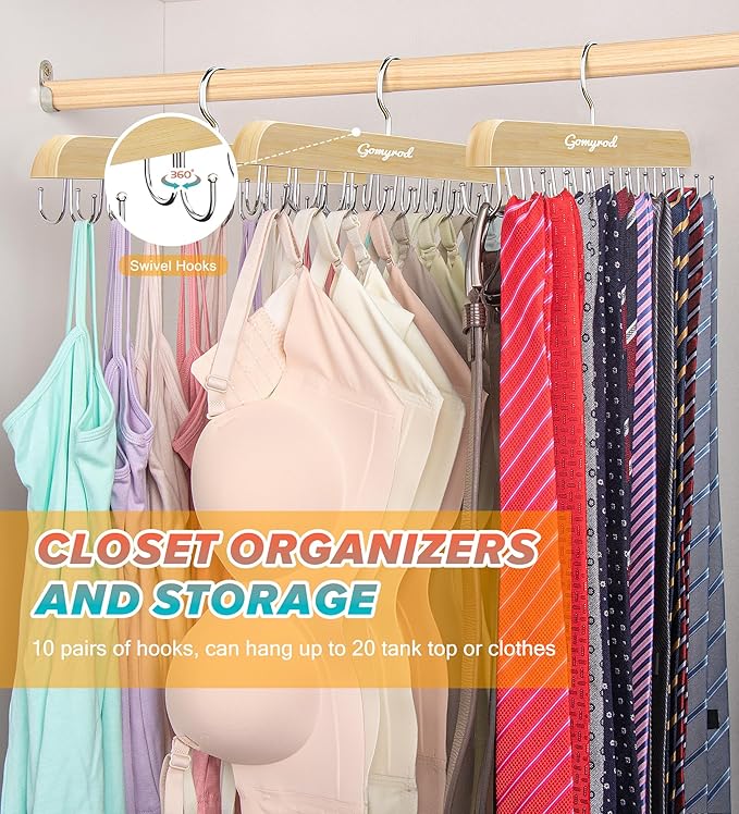 Bra Hanger for Closet, Tank Top Hanger w/20 Hooks Capacity Foldable Wood Space Saving Hangers, 360°Rotating Closet Organizers and Storage for Dorm & Apartment for Bra Scarf Ties(1 Pack)