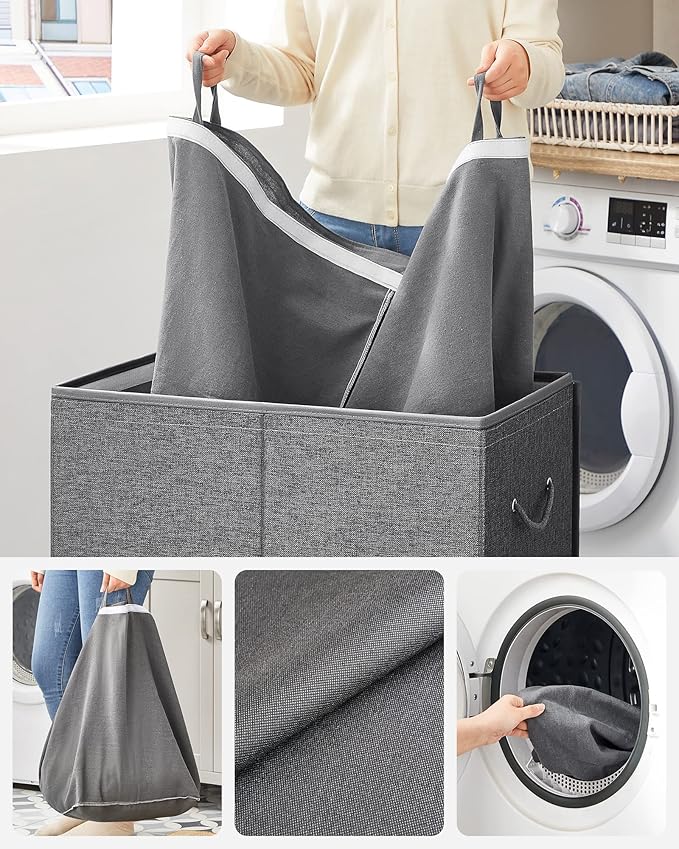 SONGMICS Laundry Basket, Laundry Hamper with 2 Compartments, 37.5 Gal. Foldable Laundry Sorter with Magnetic Lid and Handles, Removable Liner Bag, Dark Gray ULCB002G02