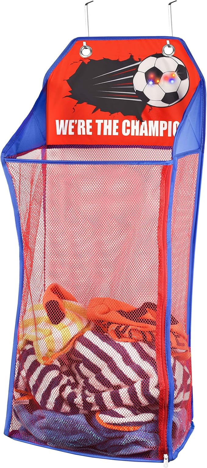 Store & Score Over The Door Hanging Kids Fun LED Basketball Light-Up Collapsible Mesh Laundry Hamper Basket, Toy Chest, Heavy Duty Metal Hooks Included. Patent Pending