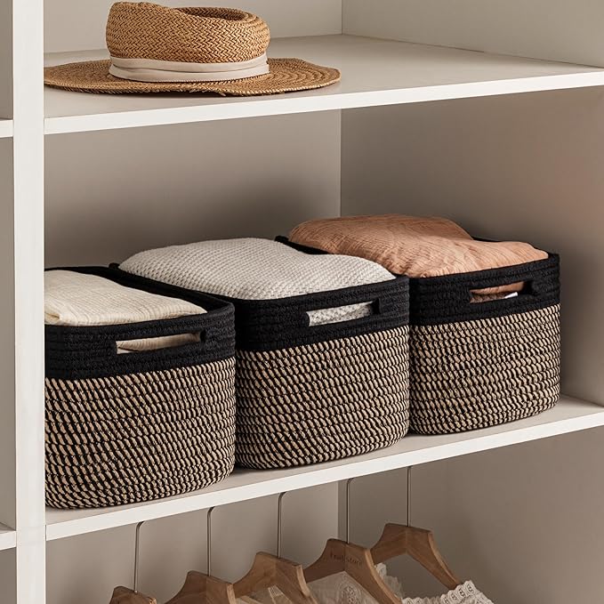 UBBCARE 2 Pack Storage Baskets for Shelves, Baskets for Organizing, Cube Shelf Storage Bin with Handles, Woven Storage Basket, 13"L x 9"W x 7.5"H, Black&Brown