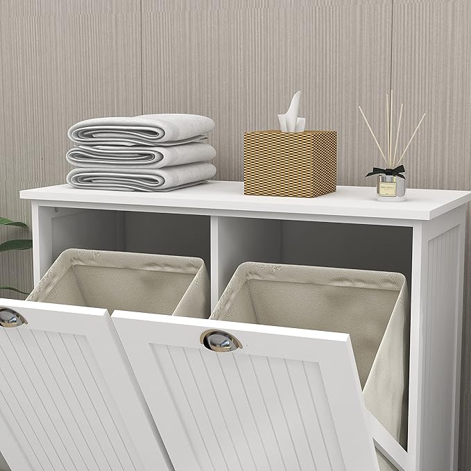Double Tilt Out Laundry Sorter with Trash Cabinet and Storage - Free Standing, Dog Proof, Recycling, Kitchen Island with Garbage Bin (White)