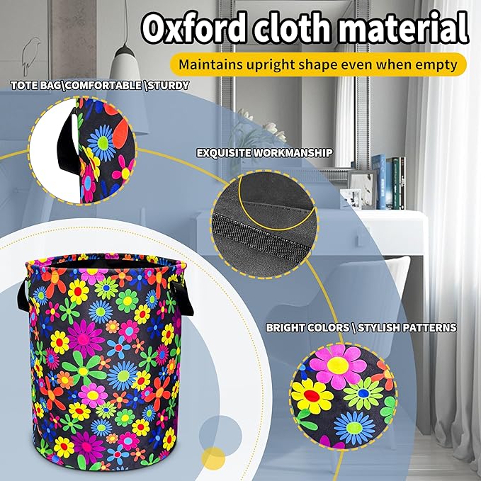 Color Hippie Flowers Laundry Basket Folk Art Flowers Foldable Oxford Cloth Funny Tote Bag Laundry Hamper Clothes Storage Bucket Toy Organizer For Bathroom/Laundry/Bedroom 18.9x16.5 In
