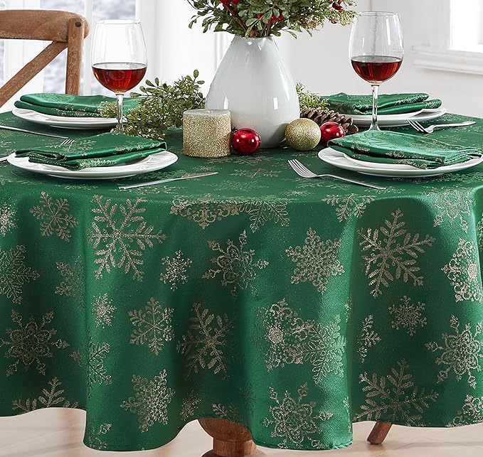 Newbridge Fancy Metallic Snowflake Christmas Fabric Tablecloth, 70 Inch Round, Hunter Gold, No-Iron Soil Resistant Sparkling Snowflakes Woven Holiday Table Cover