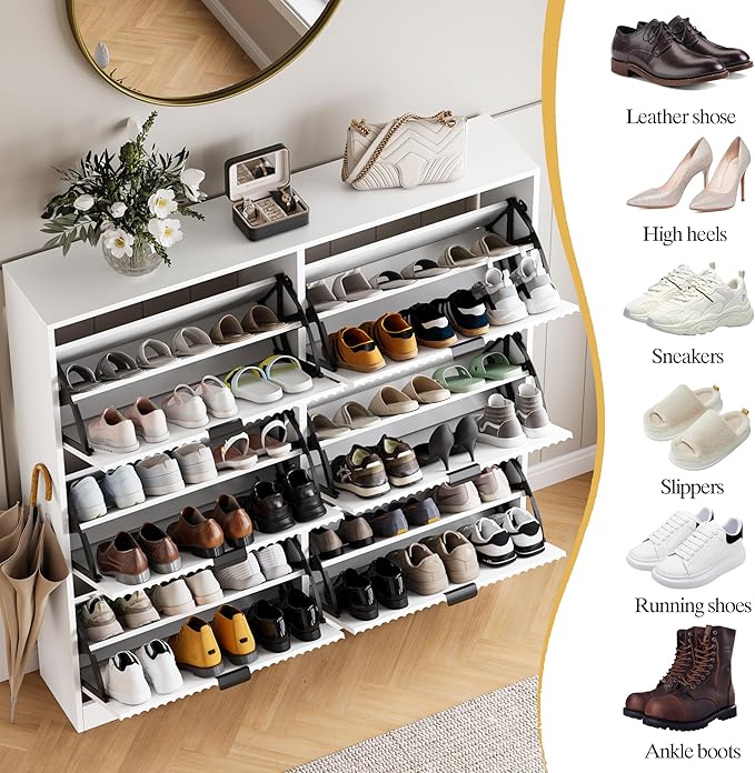 Shoe Cabinet Storage for Entryway with 6 Flip Drawers, White Fluted Shoe Cabinet with Adjustable Shelves, Wooden Hidden Shoe Rack Freestanding Narrow Slim Shoes Storage for Hallway, Entrance