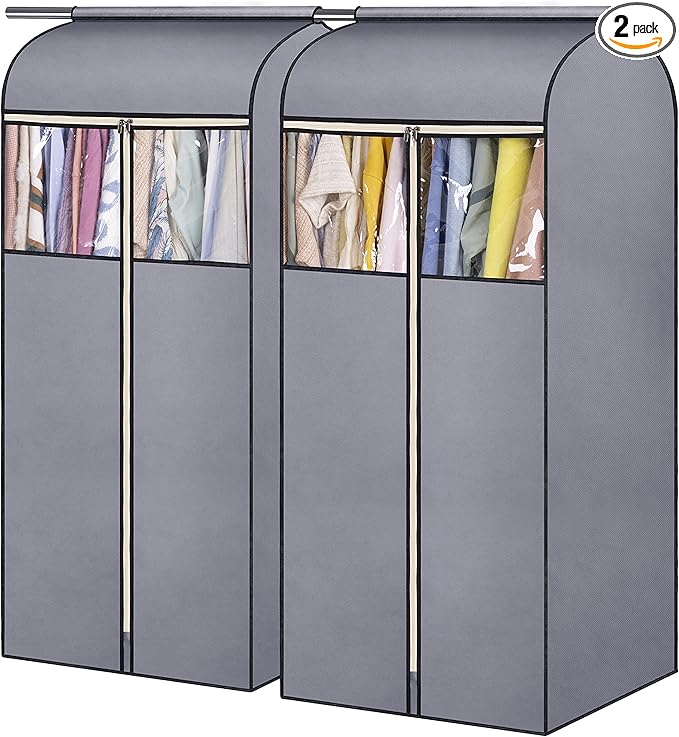 SLEEPING LAMB 54'' Hanging Garment Bags for Closet Storage Sealed Completely Jackets Coats Suits Clothes Rack Cover for Wardrobe with Clear PVC Window, 2 Packs, Grey(Hanging Rod Not Included)