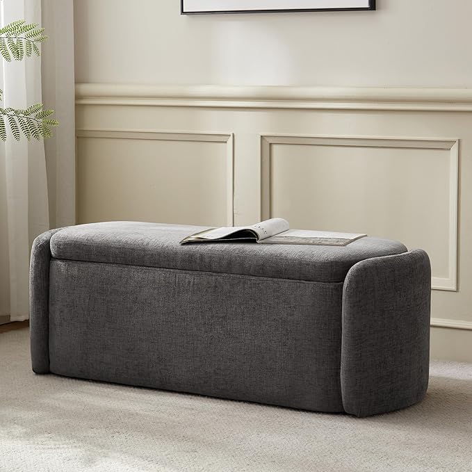VKNOW Oval Storage Ottoman Bench, 46" Upholstered End of Bed Bench Ottomans Bench Foot Rest, Sherpa Storage Bench for Bedroom, Living Room and Hallway, Dark Grey
