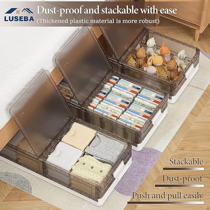 Under Bed Storage Containers - 3Pack, Stackable Under Bed Rolling Storage Plastic Containers, 11.5Gal Storage Bins with Wheels, Multi-purpose Storage Bins with Lids for Clothes, Shoes, And Duvets