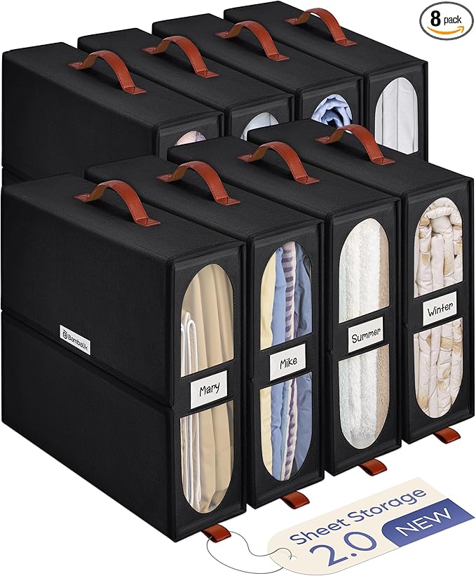 8x Bed Sheet Organizer Storage Boxes with Big See-Through Windows | Bedsheet Organizers Redesigned. Robust Bed Sheet Storage | 15x13x5 Inches Sheet Organizers Containers (Black)