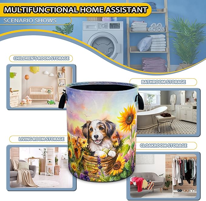 Cute Dog Laundry Basket Sunflower Flowers Foldable Waterproof Oxford Cloth Funny Tote Bag Laundry Hamper Clothes Storage Bucket Toy Organizer For Bathroom/Laundry Storage/Bedroom 18.9x16.5 Inch