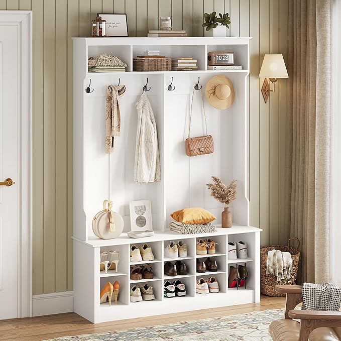 Hall Tree with Bench and Shoe Storage, 53" Farmhouse 4-in-1 Mudroom Storage Organizer with Coat Rack, 6 Hooks, 12 Shoe Cubbies, Adjustable Shelf, for Entryway, Hallway, Living Room, White