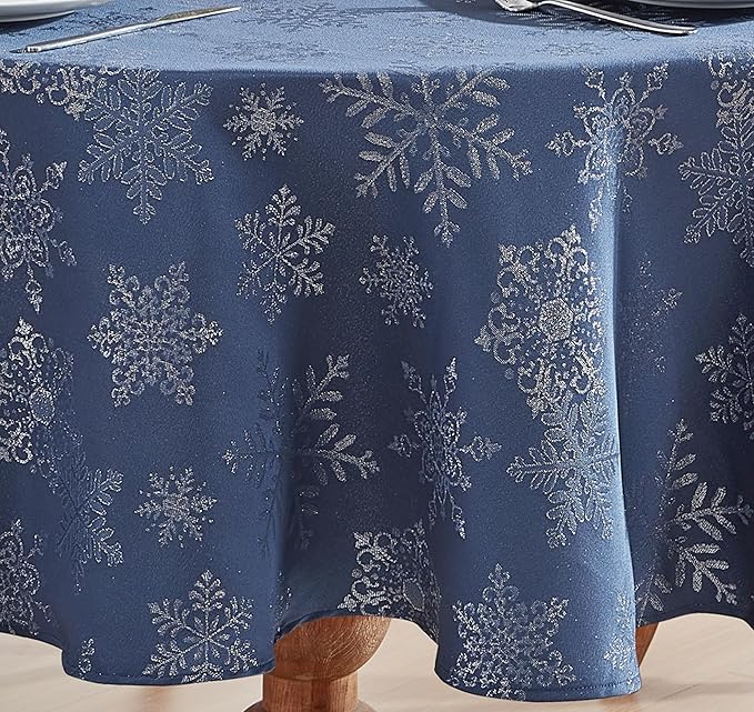 Newbridge Fancy Metallic Snowflake Christmas Fabric Tablecloth, 60 x 84 Inch Oval, Navy Silver, No-Iron Soil Resistant Sparkling Snowflakes Woven Holiday Table Cover