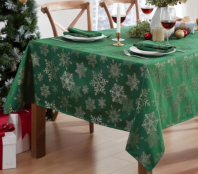 Newbridge Fancy Metallic Snowflake Christmas Fabric Tablecloth, 60 x 120 Inch Rectangle, Hunter Gold, No-Iron Soil Resistant Sparkling Snowflakes Woven Holiday Table Cover