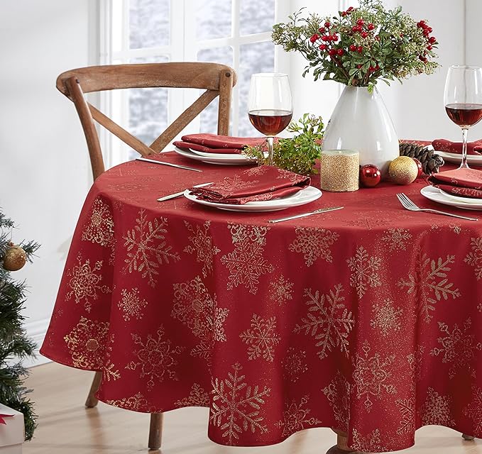 Newbridge Fancy Metallic Snowflake Christmas Fabric Tablecloth, 70 Inch Round, Red Gold, No-Iron Soil Resistant Sparkling Snowflakes Woven Holiday Table Cover