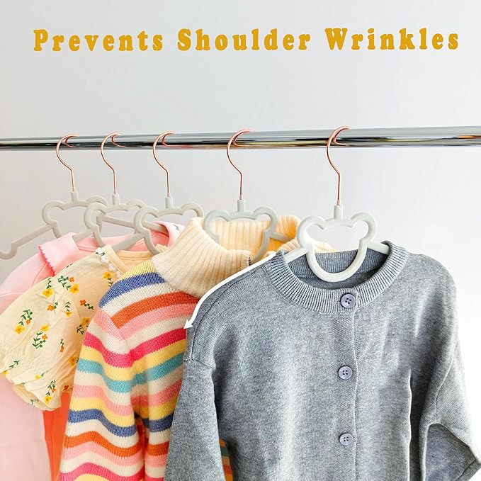 60 Pack Gray Velvet Kids Clothes Hangers - 12.6in for Ages 4-10, with Cute Bear, Rotating Rose Gold Hook, Non-Slip, Space-Saving Slim Felt Hangers for Toddler Coats, Jackets, Dresses