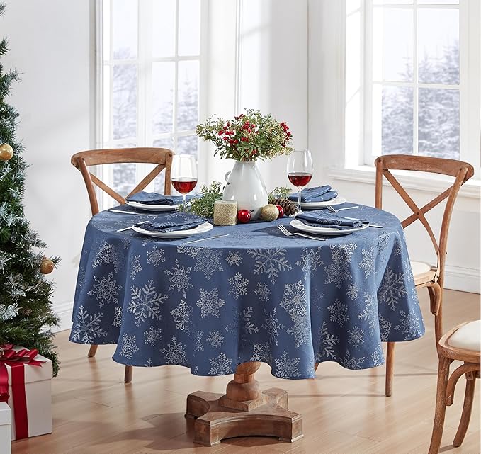 Newbridge Fancy Metallic Snowflake Christmas Fabric Tablecloth, 70 Inch Round, Navy Silver, No-Iron Soil Resistant Sparkling Snowflakes Woven Holiday Table Cover