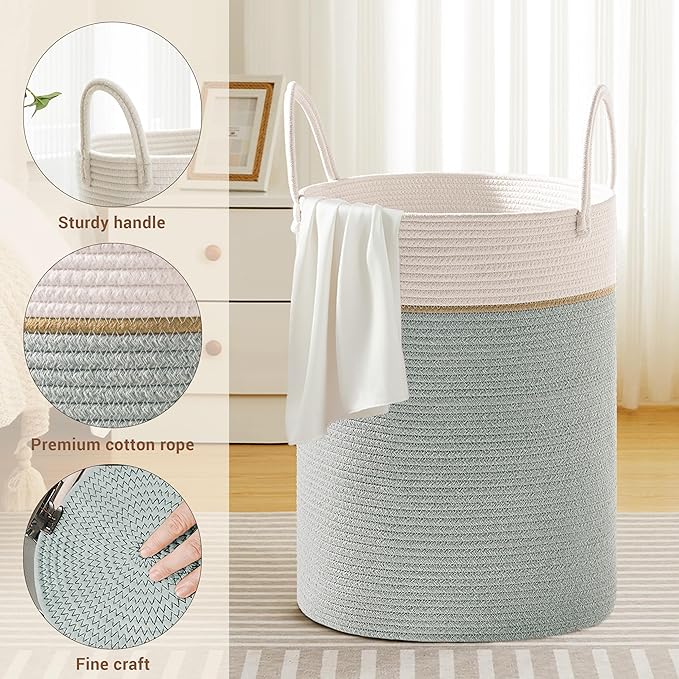 Tall Laundry Basket with Handles, 100L Portable Dirty Clothes Hamper, Boho Cotton Rope Storage Bin for Blankets Kids Toys Gifts, Extra Large Organizer for Nursery Bedroom Bathroom, Sage Green