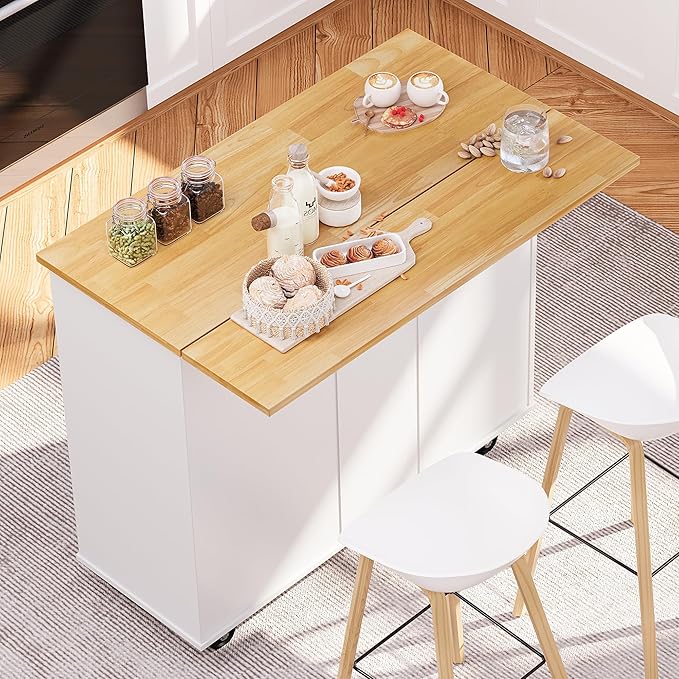 SUNLEI Kitchen Island with Storage Cabinet & Foldable Drop Leaf, Buffet Sideboard Cabinet, Cart Handle for Towel Rack, Drop Leaf, Portable Islands for Kitchen (Stylish White, 39.7-INCH)