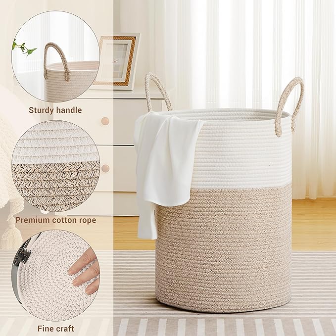 Tall Laundry Basket with Handles, 58L Portable Dirty Clothes Hamper, Boho Cotton Rope Storage Bin for Blankets Kids Toys Gifts, Decorative Organizer for Baby Nursery Bedroom Bathroom, Brown