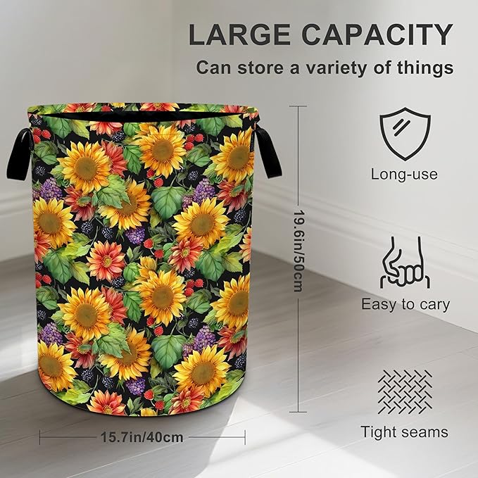 Sunflowers Laundry Basket Storage Bin Foldable Laundry Hamper Clothes Storage Bucket Organizer 19.6x15.7 Inch For Laundry Room/Bedroom/Bathroom