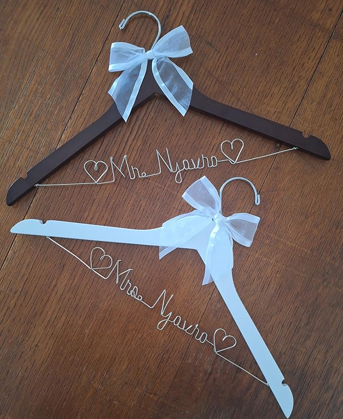 Bride Wedding Dress Hanger Gold Wire Writing, Personalized, Mrs., Choice of 10 Bow Colors - Bride Name - Quality White or Dark Wood Hanger with Notches - Bridal Gift with or Without Wedding Date