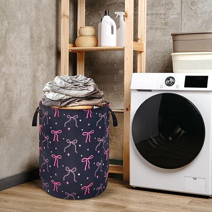 Beautiful Bow Laundry Basket Foldable Oxford Cloth With Handle Portable Colorful Storage Basket Organizer Suitable For Laundry Room/Living Room/Bedroom/Children'S Room (18.9 X 16.5 Inch)