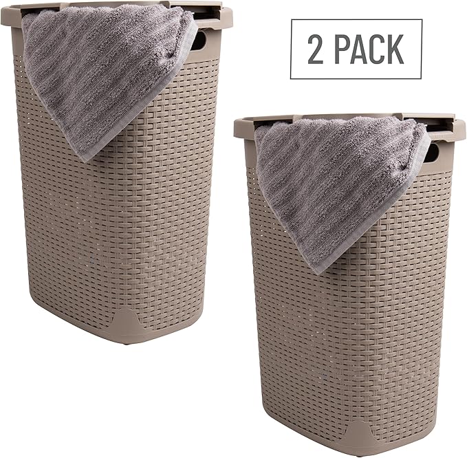 Mind Reader Slim Laundry Hamper with Lid, 60L Tall Clothes Basket, Narrow Tapered Design for Bathrooms, Closets and Laundry Rooms, Plastic, 2 Pack
