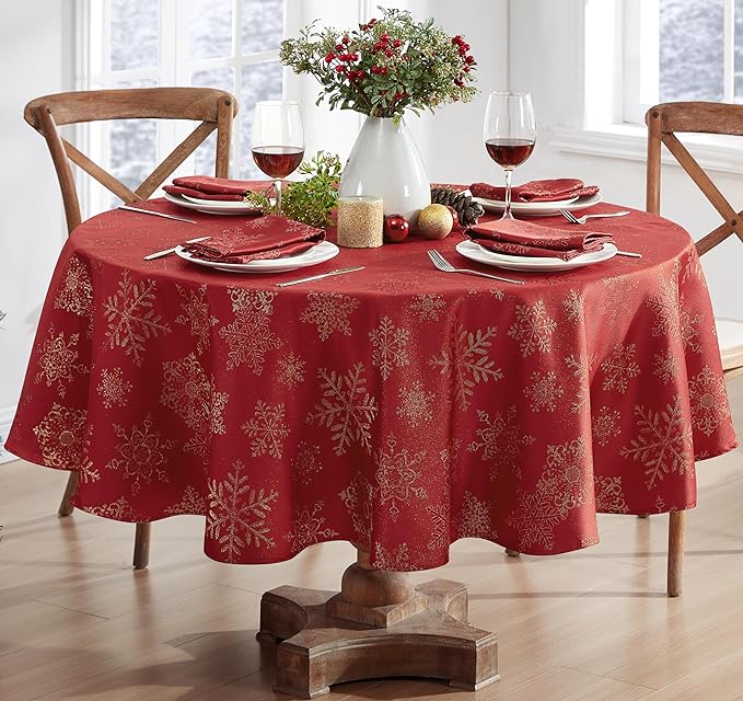 Newbridge Fancy Metallic Snowflake Christmas Fabric Tablecloth, 70 Inch Round, Red Gold, No-Iron Soil Resistant Sparkling Snowflakes Woven Holiday Table Cover