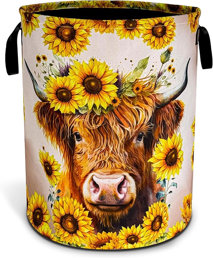 Highland Cow Laundry Basket Sunflower Flowers Foldable Oxford Cloth Funny Tote Bag Laundry Hamper Clothes Storage Bucket Toy Organizer For Bathroom/Laundry Storage/Bedroom 18.9x16.5 Inch