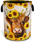 Highland Cow Laundry Basket Sunflower Flowers Foldable Oxford Cloth Funny Tote Bag Laundry Hamper Clothes Storage Bucket Toy Organizer For Bathroom/Laundry Storage/Bedroom 18.9x16.5 Inch