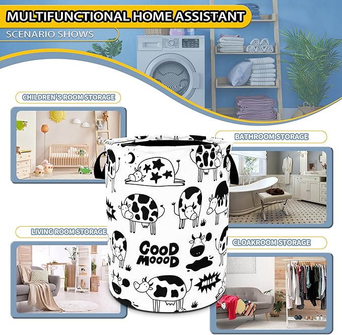 Cute Cow Laundry Basket Black White Cows Foldable Oxford Cloth Funny Tote Bag Laundry Hamper Clothes Storage Bucket Toy Organizer For Bathroom/Laundry Storage/Bedroom 18.9x16.5 Inch