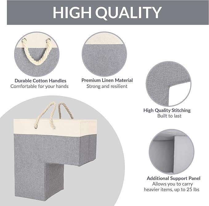 SAM AND MABEL Stairway Storage Basket, Premium Linen Material, Lightweight and Sturdy, Foldable, 16" L x 10" W x 16" H, Lite Cream and Gray (Pack of 2)