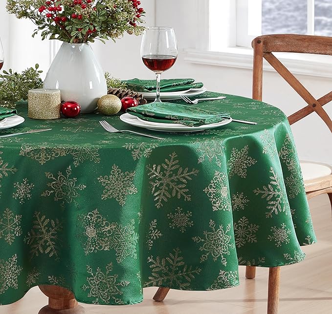 Newbridge Fancy Metallic Snowflake Christmas Fabric Tablecloth, 70 Inch Round, Hunter Gold, No-Iron Soil Resistant Sparkling Snowflakes Woven Holiday Table Cover