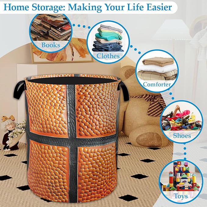 Basketball Large Storage Basket Collapsible Laundry Basket Oxford Storage Bin for Toy Bins Gift Baskets Bedroom Clothes Children Nursery Hamper 16" X 20.8"