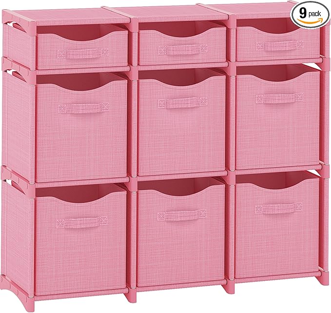 9 Cube Storage Organizer With Bins Included - Closet Storage With 9 Storage Bins - Easy To Assemble Storage Unit With Drawers - Closet Organization For Clothes, Bedroom, Nursery, & Toys (Pink)