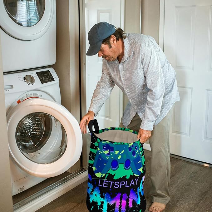 Gaming Laundry Basket with Lining Foldable Kids Laundry Hamper Light weight Clothes Storage Basket Gamepad Waterproof Room Toy Organizer Boys Girls Gift Bin for Decor (Thicken-Green gamepad, 43L)