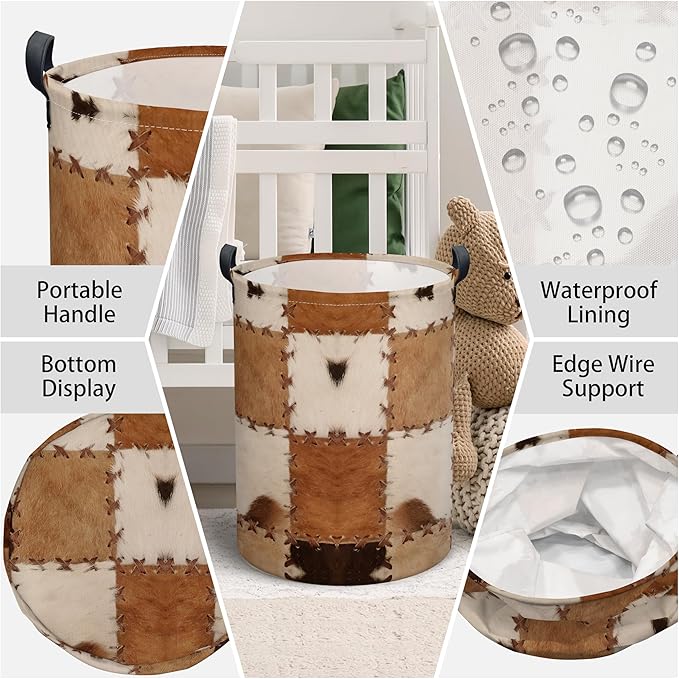 Cows Print Laundry Basket, Collapsible Waterproof Oxford Cloth Laundry Hamper, Vintage Round Kids Toys Storage Basket as Room Decor, Farmhouse Dirty Clothes Hamper for Bedroom Bathroom Dorm (Brown)