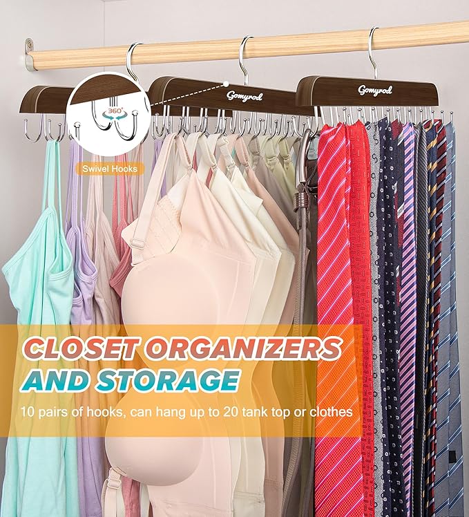 Bra Hanger for Closet, 1 Pack Tank Top Hanger w/20 Hooks Capacity Foldable Wood Space Saving Hangers, 360°Rotating Closet Organizers and Storage for Dorm & Apartment for Bra Scarf Ties(Brown)