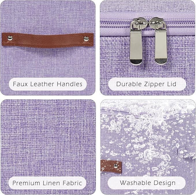 Storage Bins with Zipper Lid Cotton Linen Fabric Lidded Storage Baskets Boxes Foldable Washable Closet Shelf Clothes Organizer Container with PU Leather Handles (Purple, Small)