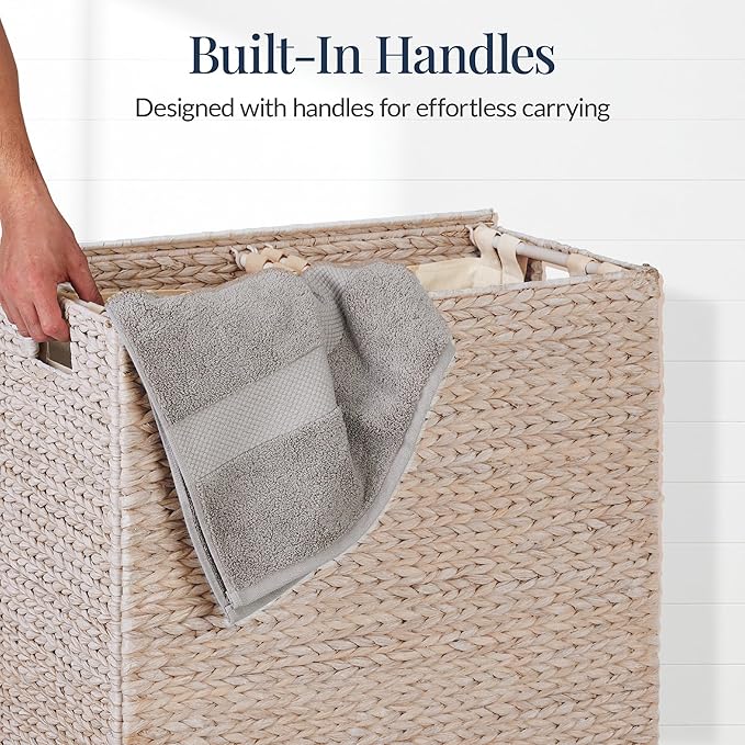 Best Choice Products Large Double Laundry Hamper with Lid, Natural Handwoven Water Hyacinth, 2 Sections w/ 2 Machine Washable Linen Liner Bags, Portable, Handles - Whitewash