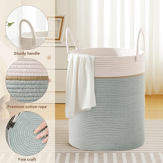 Tall Laundry Basket with Handles, 88L Portable Dirty Clothes Hamper, Boho Cotton Rope Storage Bin for Blankets Kids Toys Gifts, Large Organizer for Baby Nursery Bedroom Bathroom, Sage Green