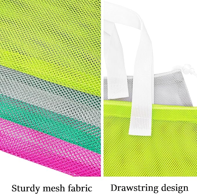 Reusable 4Pack Colorful Mesh Beach Tote Bags,Mesh Shopping Bag With Drawstring For Travel,Toys,Gift Or Laundry … …