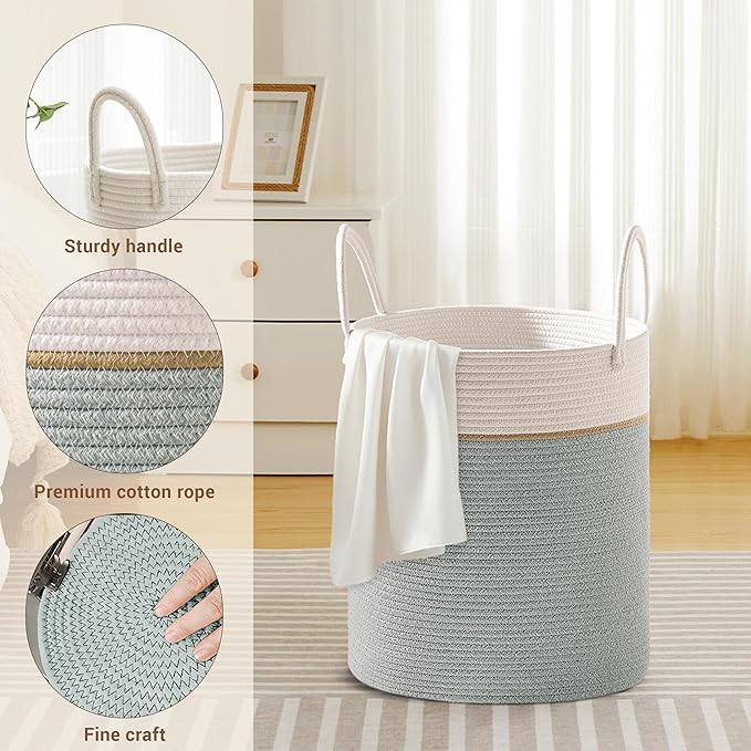 Tall Laundry Basket with Handles, 53L Portable Dirty Clothes Hamper, Boho Cotton Rope Storage Bin for Blankets Kids Toys Gifts, Decorative Organizer for Nursery Bedroom Bathroom, Sage Green