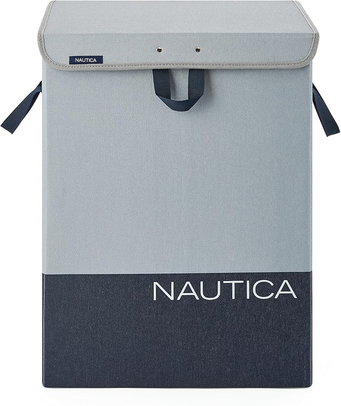 Nautica - Laundry Basket, Foldable Hamper & Storage Bin with Lid, Closet Organizers, Home Essentials (Grey Block)