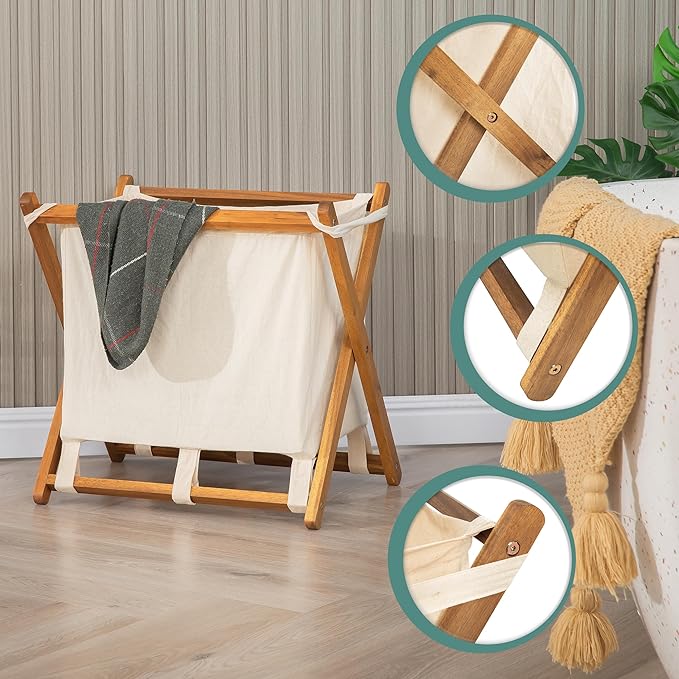 Acacia Wood X-Frame Laundry Hamper, Folding Large Wooden Baskets with Handle, Sorter for Blankets Clothes Pillows Towels, 22'' Tall Natural-Beige