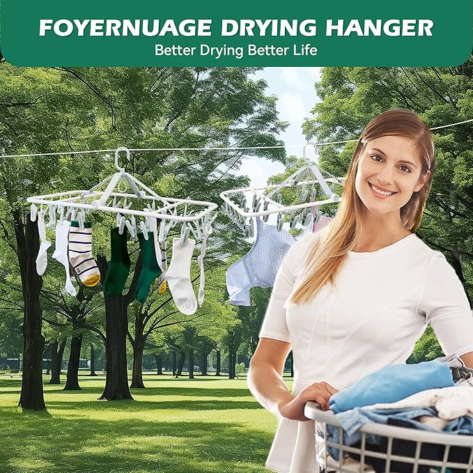 Plastic PP Drying Hanger, Anti-Rusty Drying Rack for Clothes, Socks, Lingeries, Delicates, Drying Hanger with 32 Clips for Baby Clothes, Towels